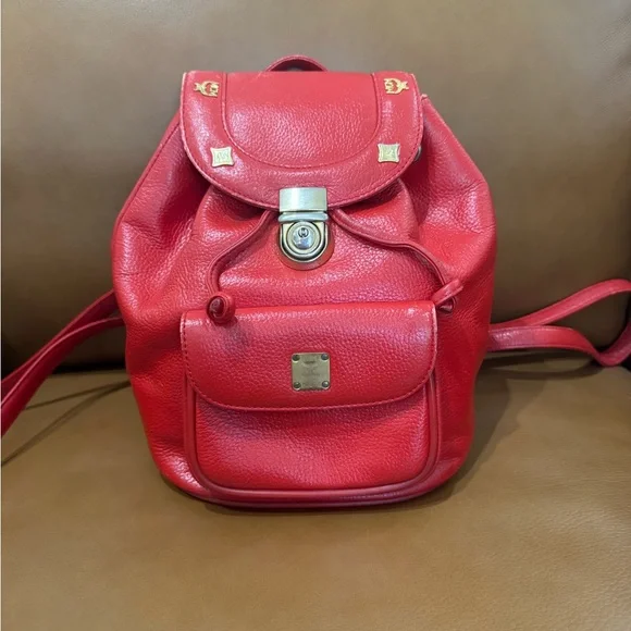 MCM Red Pebbled Leather Drawstring Backpack with Front Pocket SALE!!! - Picture 1 of 8